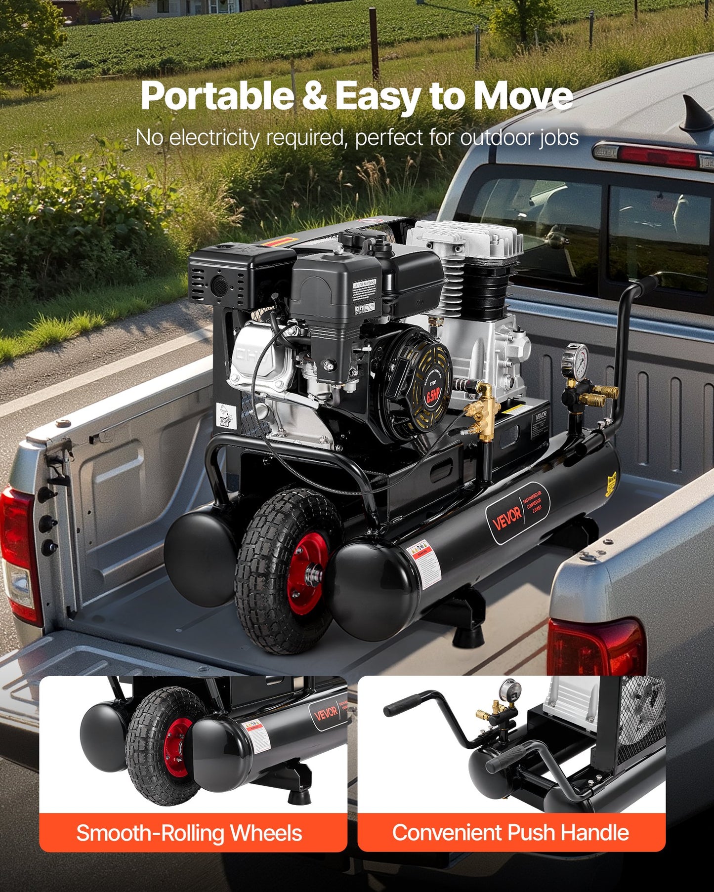 9 Gallon Twin-Tank Gas Powered Air Compressor, 6.5HP 9CFM Gas Driven Air Compressor Tank on Wheel, Max 115PSI Piston Pump Air-Compressed System for Tire Inflation, Auto Repairs, Spray Painting