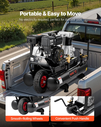 9 Gallon Twin-Tank Gas Powered Air Compressor, 6.5HP 9CFM Gas Driven Air Compressor Tank on Wheel, Max 115PSI Piston Pump Air-Compressed System for Tire Inflation, Auto Repairs, Spray Painting