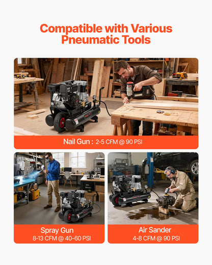 9 Gallon Twin-Tank Gas Powered Air Compressor, 6.5HP 9CFM Gas Driven Air Compressor Tank on Wheel, Max 115PSI Piston Pump Air-Compressed System for Tire Inflation, Auto Repairs, Spray Painting