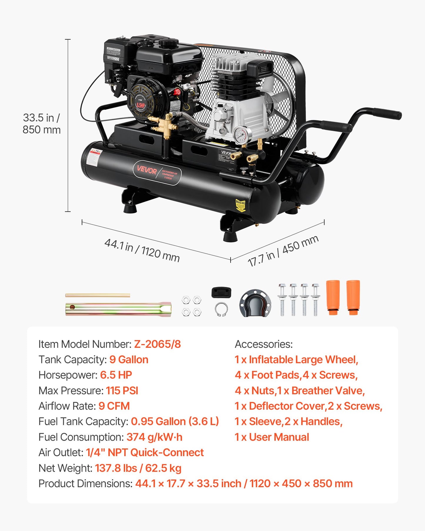 9 Gallon Twin-Tank Gas Powered Air Compressor, 6.5HP 9CFM Gas Driven Air Compressor Tank on Wheel, Max 115PSI Piston Pump Air-Compressed System for Tire Inflation, Auto Repairs, Spray Painting