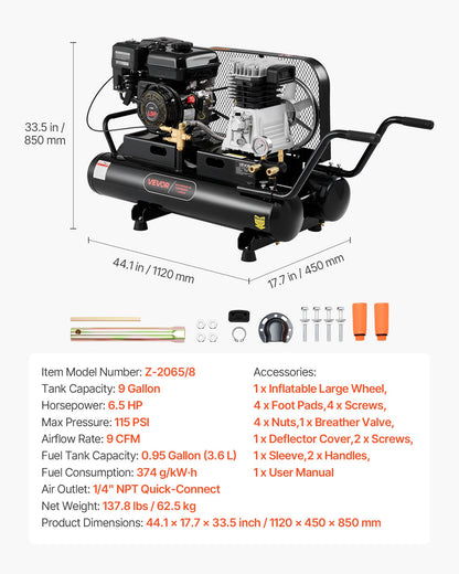 9 Gallon Twin-Tank Gas Powered Air Compressor, 6.5HP 9CFM Gas Driven Air Compressor Tank on Wheel, Max 115PSI Piston Pump Air-Compressed System for Tire Inflation, Auto Repairs, Spray Painting