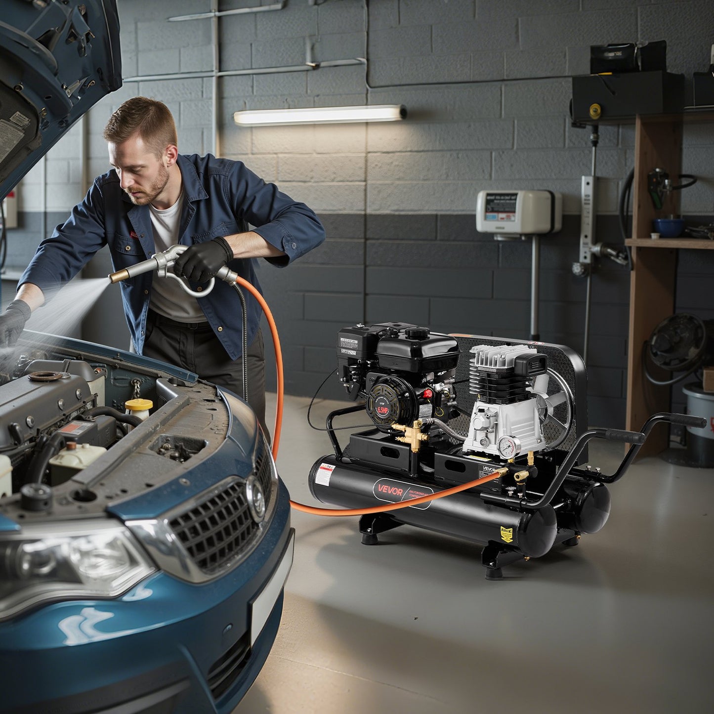 9 Gallon Twin-Tank Gas Powered Air Compressor, 6.5HP 9CFM Gas Driven Air Compressor Tank on Wheel, Max 115PSI Piston Pump Air-Compressed System for Tire Inflation, Auto Repairs, Spray Painting