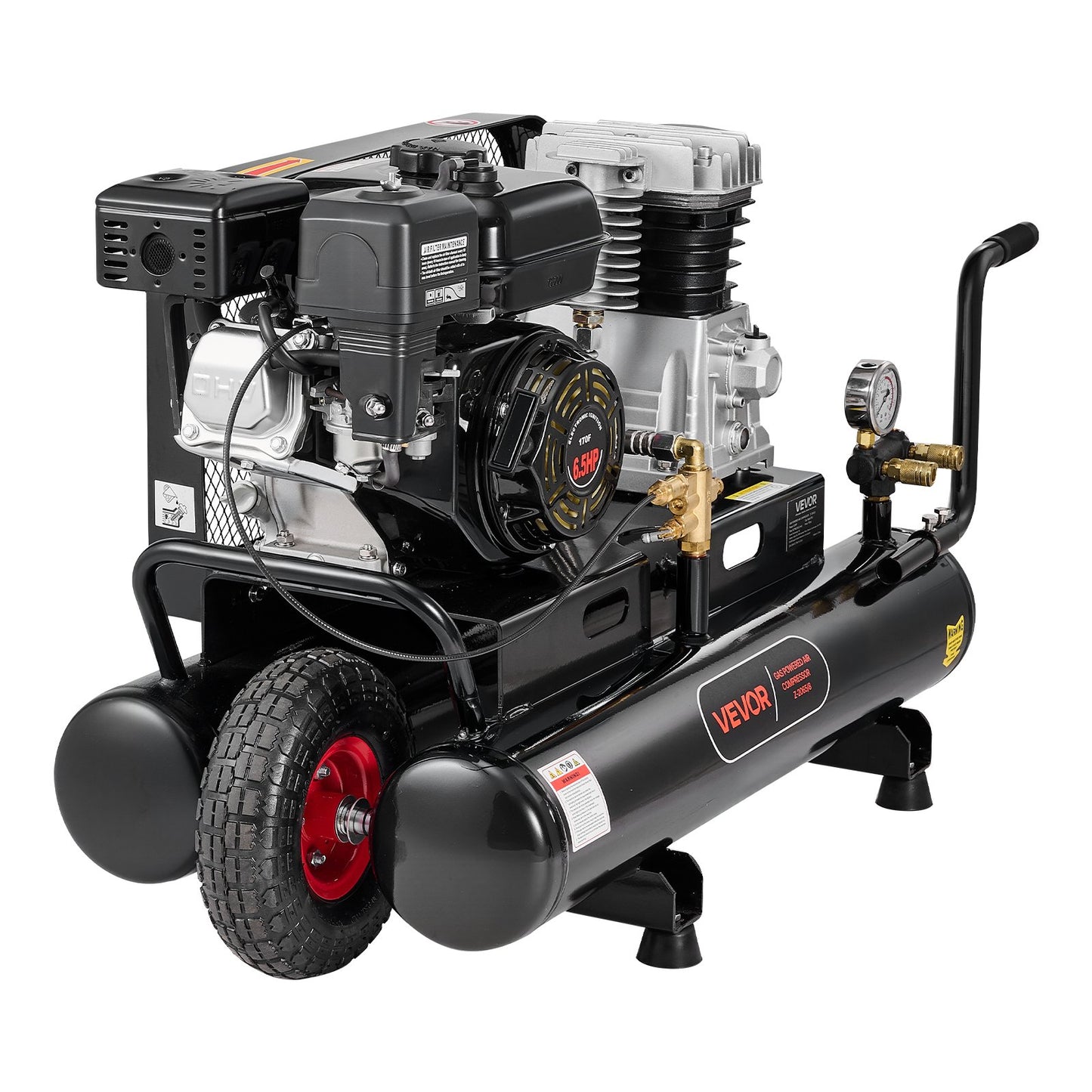 9 Gallon Twin-Tank Gas Powered Air Compressor, 6.5HP 9CFM Gas Driven Air Compressor Tank on Wheel, Max 115PSI Piston Pump Air-Compressed System for Tire Inflation, Auto Repairs, Spray Painting