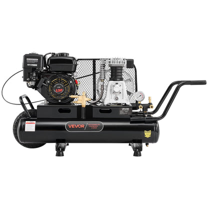 9 Gallon Twin-Tank Gas Powered Air Compressor, 6.5HP 9CFM Gas Driven Air Compressor Tank on Wheel, Max 115PSI Piston Pump Air-Compressed System for Tire Inflation, Auto Repairs, Spray Painting