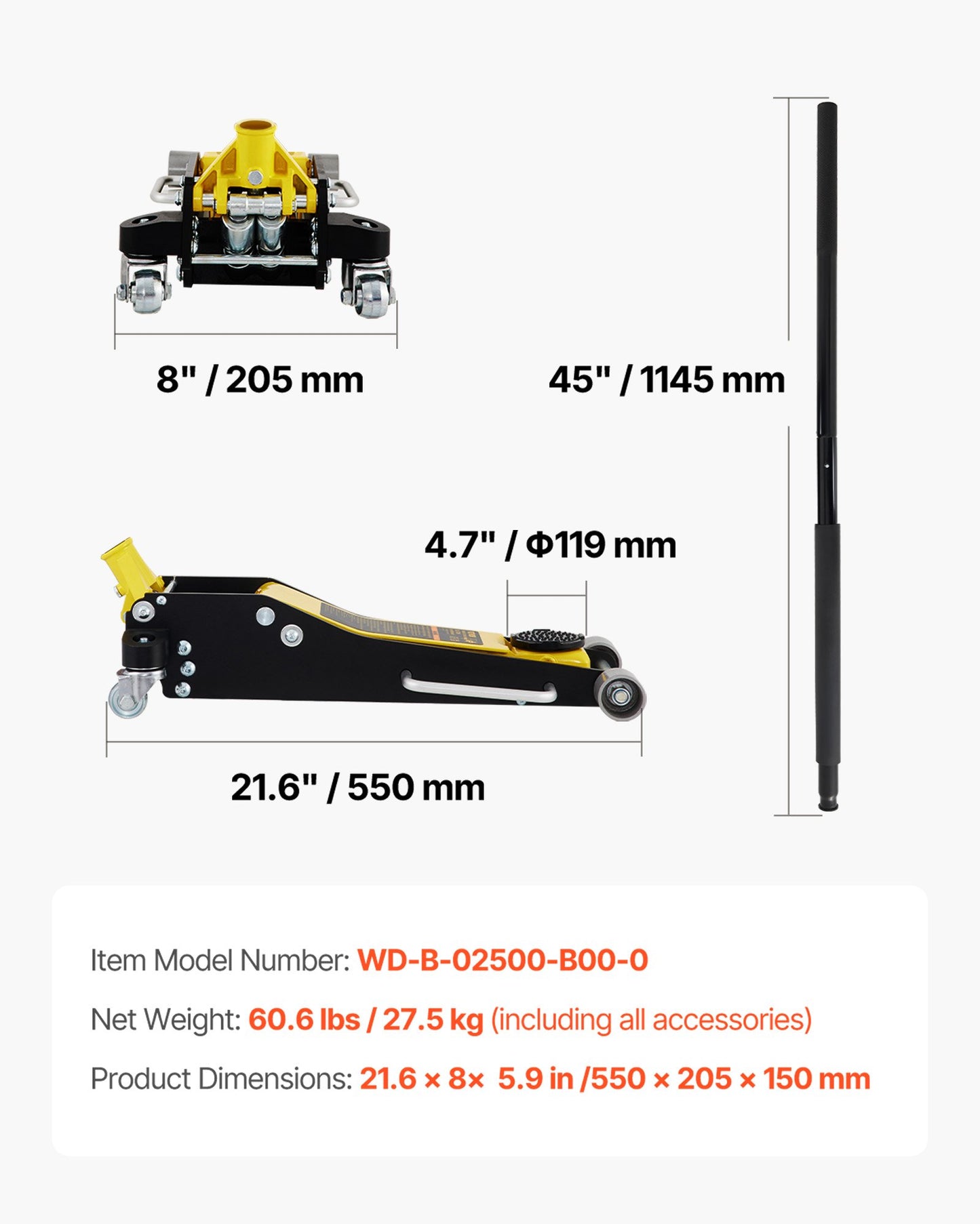 Floor Jack, 2.5 Ton Low Profile Floor Jack, Aluminum and Steel Racing Floor Jack with Dual Pistons Quick Lift Pump, Floor Jack Lifting Range 3-3/4"-18-7/10"