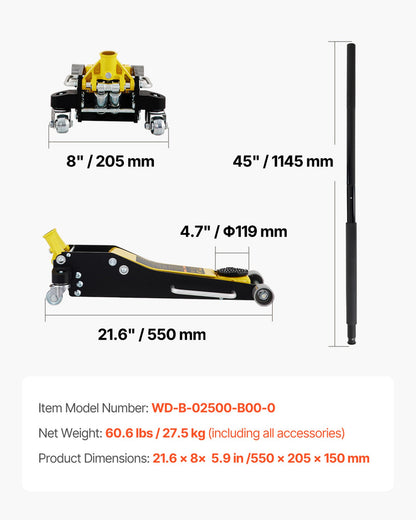 Floor Jack, 2.5 Ton Low Profile Floor Jack, Aluminum and Steel Racing Floor Jack with Dual Pistons Quick Lift Pump, Floor Jack Lifting Range 3-3/4"-18-7/10"