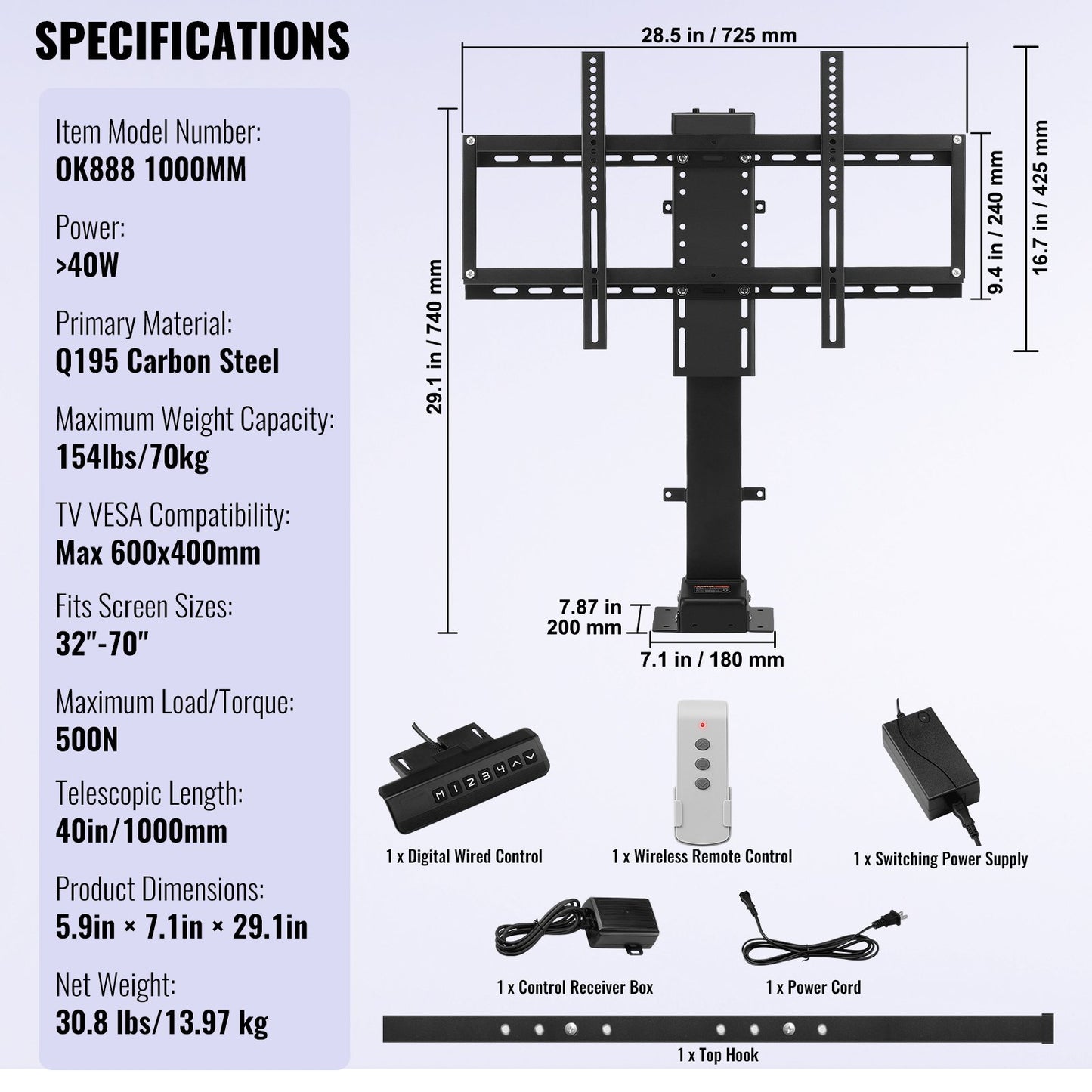 Automated TV Elevator, 39.4" Stroke, Supports 32-70" TVs, Adjustable Height 28.74-68.11", Remote Controlled, Max Load 154 lbs