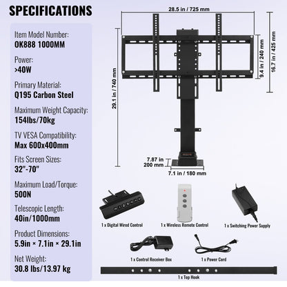 Automated TV Elevator, 39.4" Stroke, Supports 32-70" TVs, Adjustable Height 28.74-68.11", Remote Controlled, Max Load 154 lbs