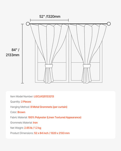 Natural Linen Curtains, 52 x 84 inch 2 Panels Set, Grommet Light Filtering Thick Flax Textured Linen Drapes, Privacy Burlap for Living Room, Bedroom, Farmhouse, Sunroom, Office Window Curtain