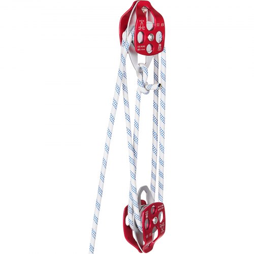 Double Pulley Block & Rope Kit, 1/2 inch x 98 ft Braided Line, Dual Pulley Rigging System, 35 kN Breaking Strength for Tower Work, Hoisting, Training & Outdoor Applications