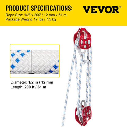 Twin Sheave Block and Tackle 0.43-0.5Inch 100-200Ft Twin Sheave Block with Braid Rope 30-35KN 6600-7705LBS Double Pulley Rigging (1/2" x 200')