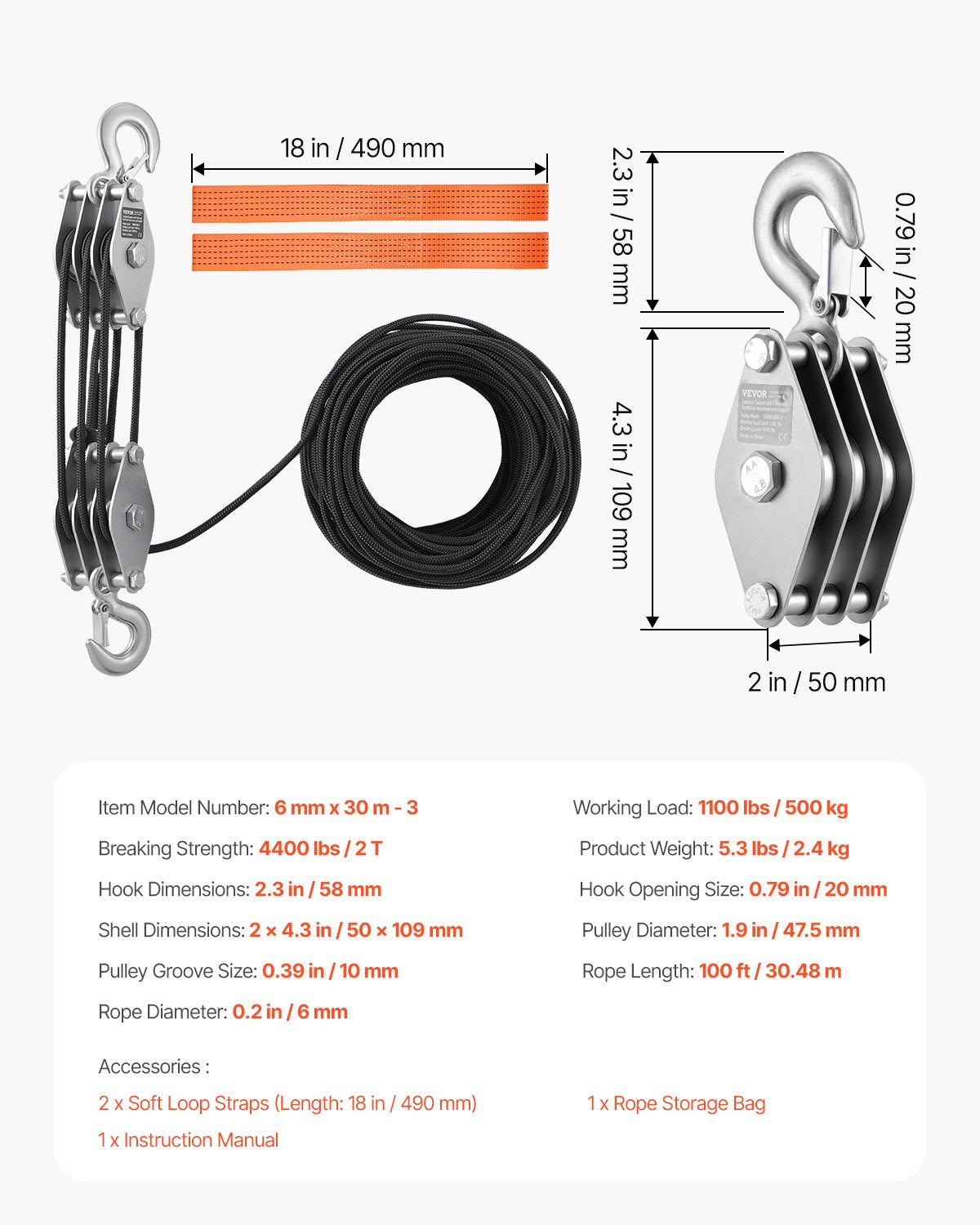 4400 lbs Breaking Strength 100 FT Rope Pulley Hoist, 5:1 Lifting Power Heavy Duty Pulley System with 2pcs Soft Loops, Metal Wheels Bearing Structure, Block and Tackle for Lifting Heavy Objects