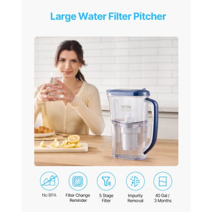 Water Filter Pitcher 9 Cups 5-Stage Water Filtration Pitcher 40 Gallon