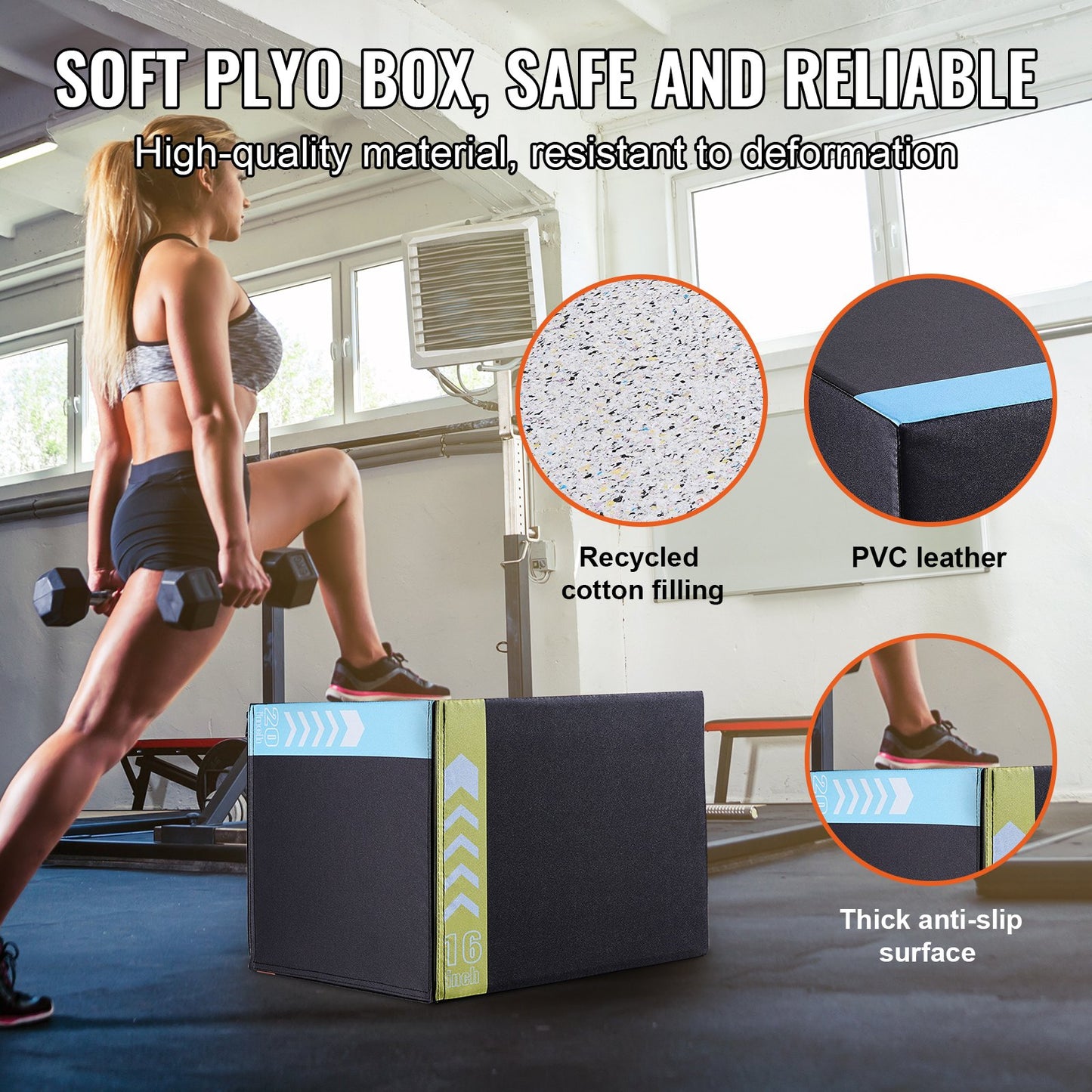 3 in 1 Plyometric Jump Box, 20/18/16 Inch Cotton Plyo Box, Platform & Jumping Agility Box, Anti-Slip Fitness Exercise Step Up Box for Home Gym Training, Conditioning Strength Training, Black