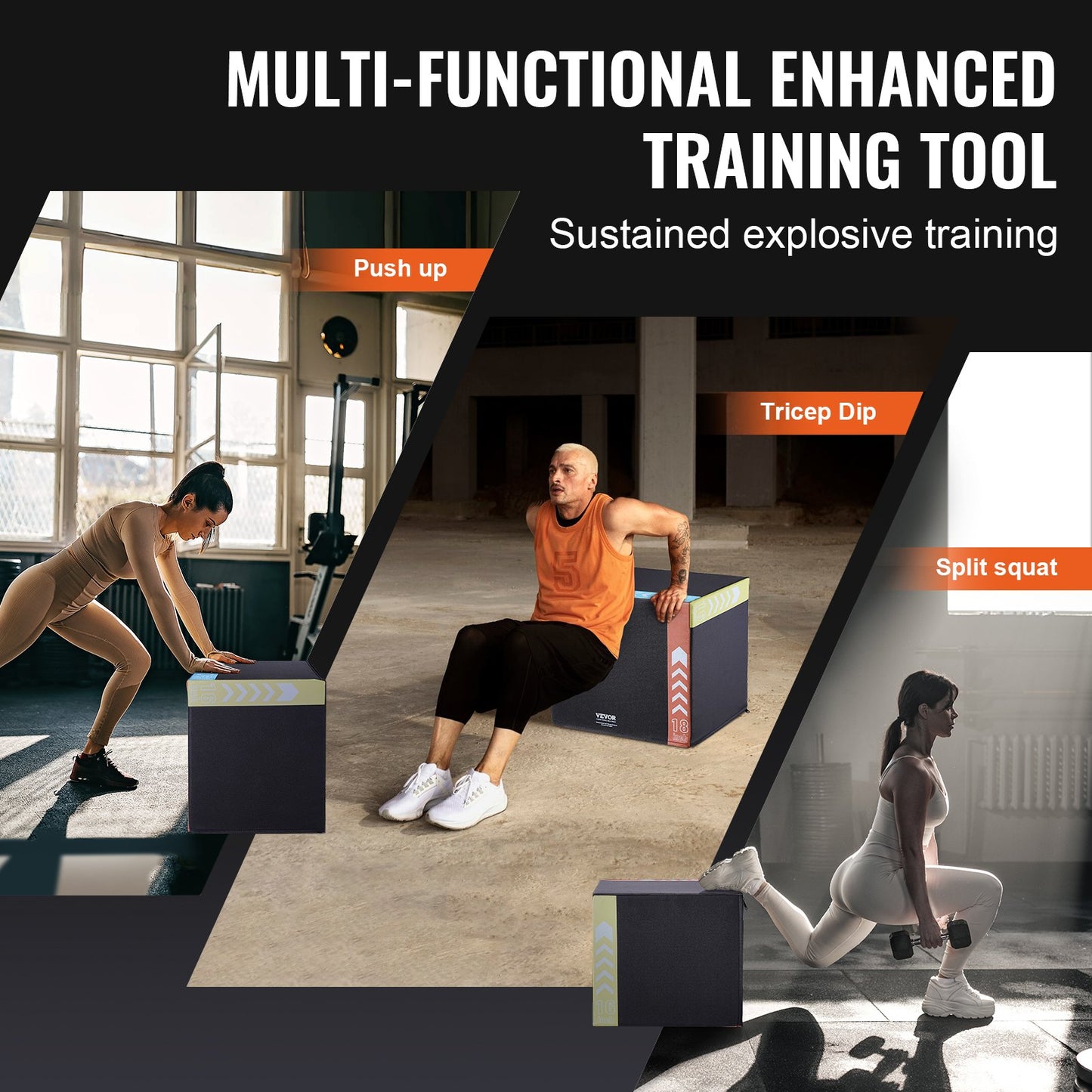 3 in 1 Plyometric Jump Box, 20/18/16 Inch Cotton Plyo Box, Platform & Jumping Agility Box, Anti-Slip Fitness Exercise Step Up Box for Home Gym Training, Conditioning Strength Training, Black