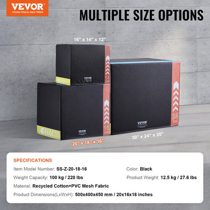 3 in 1 Plyometric Jump Box, 20/18/16 Inch Cotton Plyo Box, Platform & Jumping Agility Box, Anti-Slip Fitness Exercise Step Up Box for Home Gym Training, Conditioning Strength Training, Black