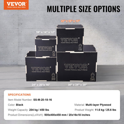 3 in 1 Plyometric Jump Box, 20/18/16 Inch Wooden Plyo Box, Platform & Jumping Agility Box, Anti-Slip Fitness Exercise Step Up Box for Home Gym Training, Conditioning Strength Training, Black
