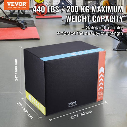 3-in-1-Plyometrische Sprungbox, 30/24/20 Zoll Baumwoll-Plyo-Box, Plattform- und Sprung-Agility-Box, rutschfeste Fitness-Übungs-Step-Up-Box für das Heim-Fitnessstudio-Workout, Cardio-Krafttraining, Schwarz | EU