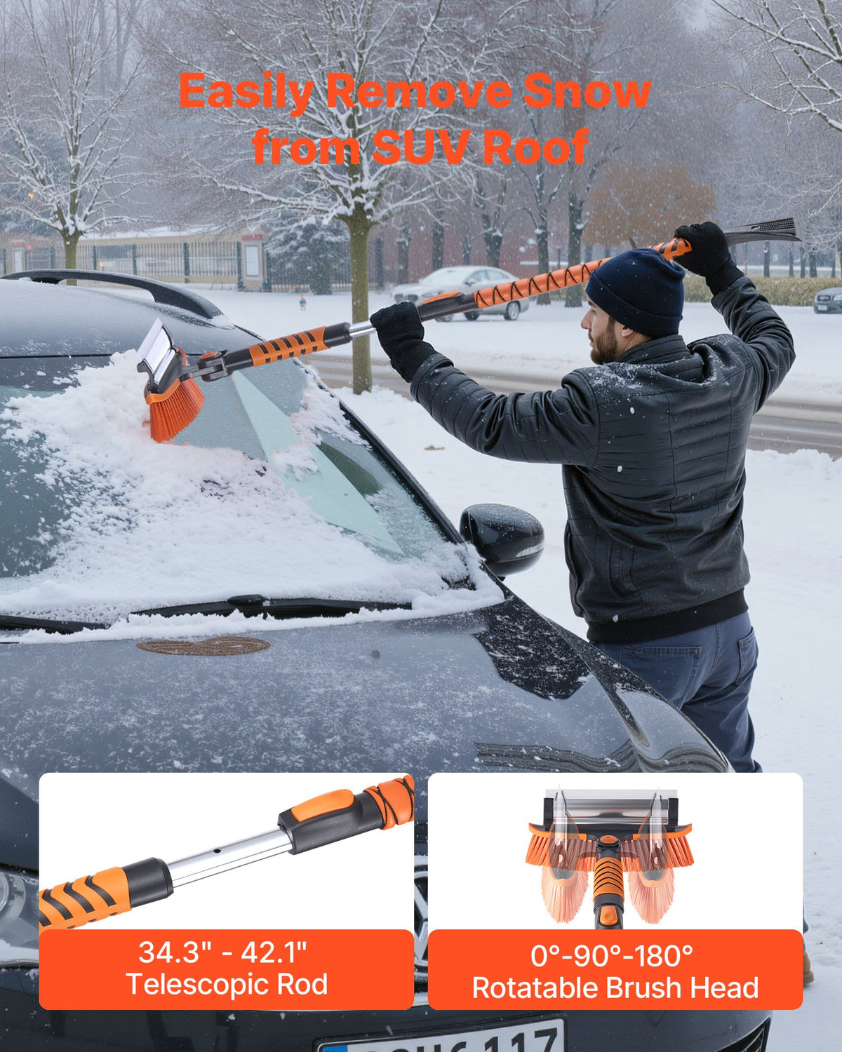 Car Snow Brush, 3-in-1 Snow Remover for Car Windshield - with 180° Pivoting Brush Head, Squeegee & Ice Scraper, 34.3"-42.1" Extendable Aluminum Handle and Foam Grip for Cars, Truck, SUV, RV