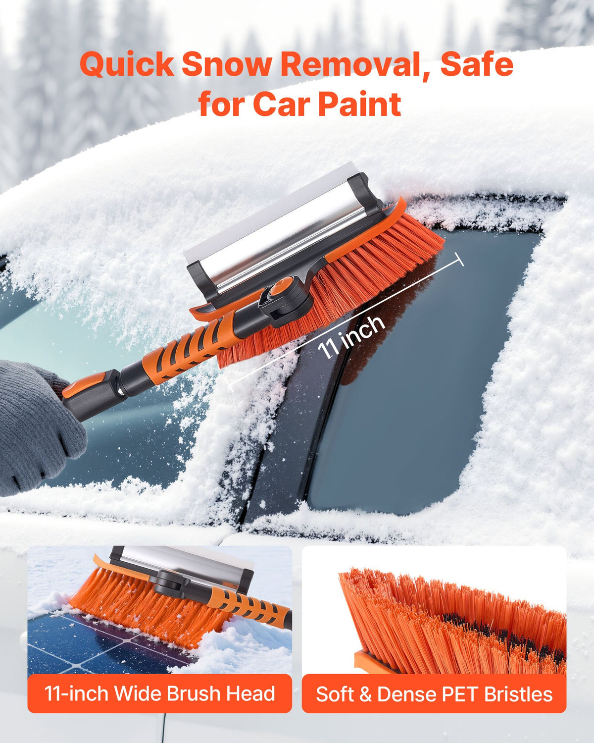 Car Snow Brush, 3-in-1 Snow Remover for Car Windshield - with 180° Pivoting Brush Head, Squeegee & Ice Scraper, 34.3"-42.1" Extendable Aluminum Handle and Foam Grip for Cars, Truck, SUV, RV