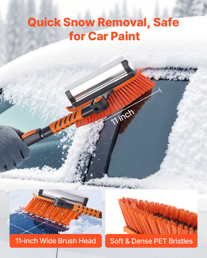 Car Snow Brush, 3-in-1 Snow Remover for Car Windshield - with 180° Pivoting Brush Head, Squeegee & Ice Scraper, 34.3"-42.1" Extendable Aluminum Handle and Foam Grip for Cars, Truck, SUV, RV