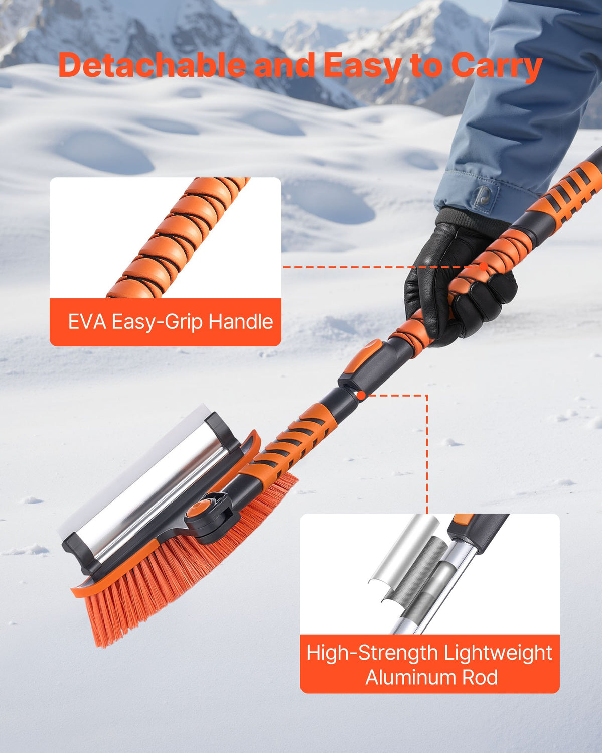 Car Snow Brush, 3-in-1 Snow Remover for Car Windshield - with 180° Pivoting Brush Head, Squeegee & Ice Scraper, 34.3"-42.1" Extendable Aluminum Handle and Foam Grip for Cars, Truck, SUV, RV