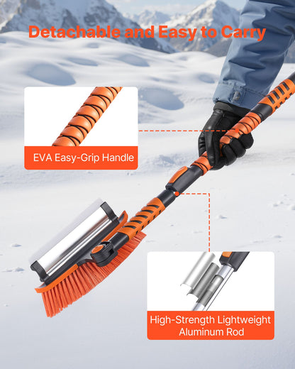 Car Snow Brush, 3-in-1 Snow Remover for Car Windshield - with 180° Pivoting Brush Head, Squeegee & Ice Scraper, 34.3"-42.1" Extendable Aluminum Handle and Foam Grip for Cars, Truck, SUV, RV