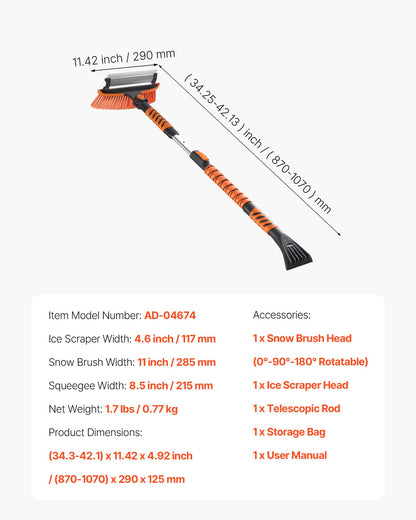 Car Snow Brush, 3-in-1 Snow Remover for Car Windshield - with 180° Pivoting Brush Head, Squeegee & Ice Scraper, 34.3"-42.1" Extendable Aluminum Handle and Foam Grip for Cars, Truck, SUV, RV