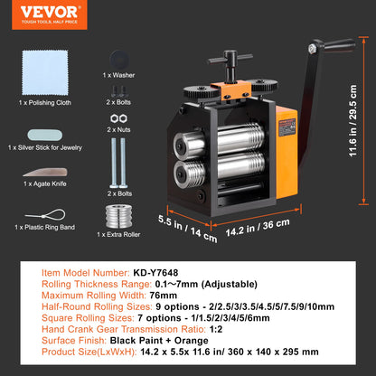Valsverk, 3"/76 mm smyckesvalsverksmaskin, 1:2 utväxlingsförhållande, 3-i-1 multifunktionsvalsverk, 0,1-7 mm presstjocklek för tillverkning av metallsmycken Plåt fyrkantig tråd halvcirkelmönster