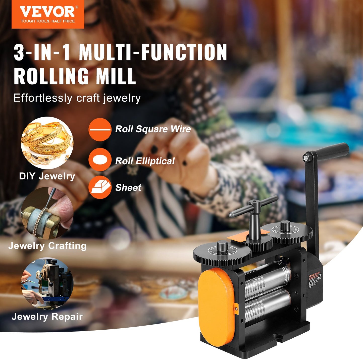 Rolling Mill, 2.24"/57 mm Jewelry Rolling Mill Machine, 1: 2 Gear Ratio, 3-in-1 Multi-function Rolling Mill, 0-5.5 mm Press Thickness for Metal Jewelry Making Sheet Square Wire Elliptical