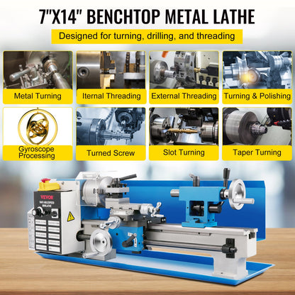 Compact Metal Lathe, 7"x14", Desktop Metalworking Lathe, 550W, Adjustable Speed up to 2250 RPM, Includes 3-jaw Chuck and Digital Display, Precision Crafting Lathe with Tool Box for Metalworki