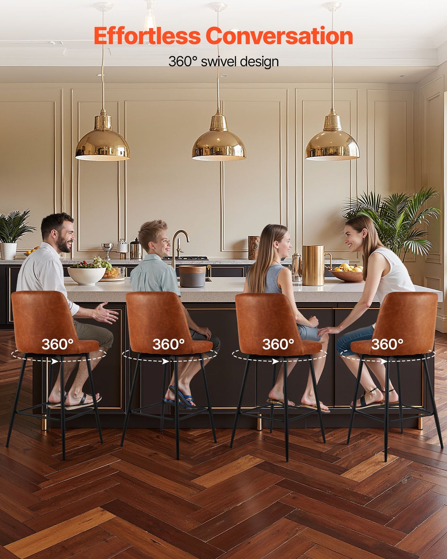 Bar Stool Set of 2, 27 inch Counter Height Swivel Stools, Modern PU Leather Counter Barstool with Backrest and Metal Legs, Armless Bar Chair, Island Barstool for Kitchen, Dining Room, Brown