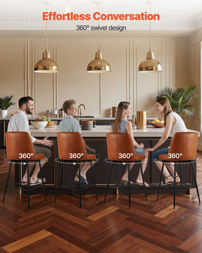 Bar Stool Set of 2, 27 inch Counter Height Swivel Stools, Modern PU Leather Counter Barstool with Backrest and Metal Legs, Armless Bar Chair, Island Barstool for Kitchen, Dining Room, Brown