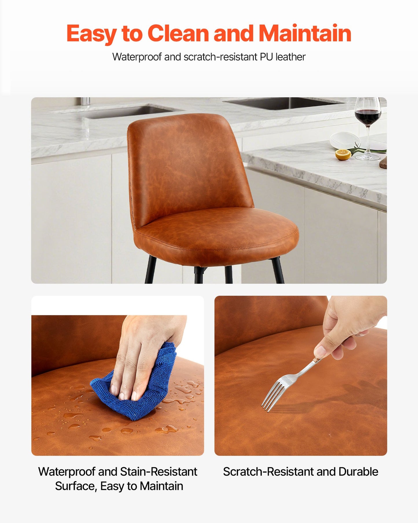 Bar Stool Set of 2, 27 inch Counter Height Swivel Stools, Modern PU Leather Counter Barstool with Backrest and Metal Legs, Armless Bar Chair, Island Barstool for Kitchen, Dining Room, Brown
