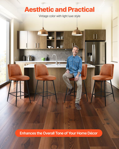 Bar Stool Set of 2, 27 inch Counter Height Swivel Stools, Modern PU Leather Counter Barstool with Backrest and Metal Legs, Armless Bar Chair, Island Barstool for Kitchen, Dining Room, Brown