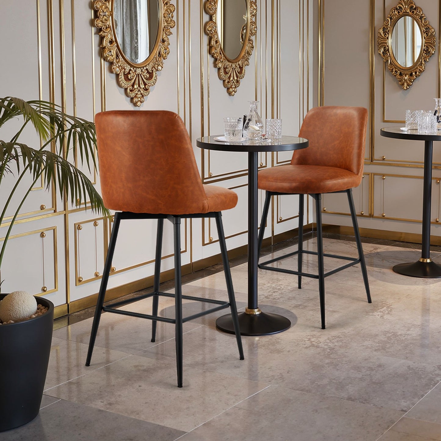 Bar Stool Set of 2, 27 inch Counter Height Swivel Stools, Modern PU Leather Counter Barstool with Backrest and Metal Legs, Armless Bar Chair, Island Barstool for Kitchen, Dining Room, Brown