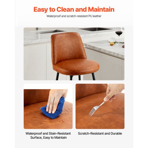 Barstolsset med 3, 69 cm bänkhöjd, snurrstolar, modern barstol i PU-läder med ryggstöd och metallben, armstödslös barstol, barstol med köksö och matsal, brun |  EU
