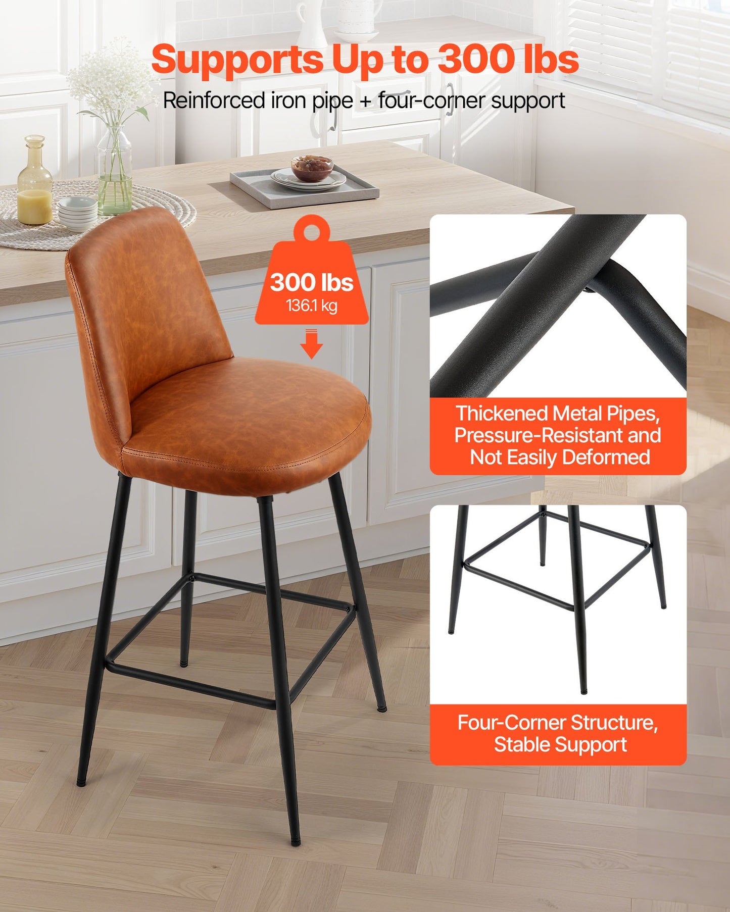 Bar Stool Set of 3, 27 inch Counter Height Swivel Stools, Modern PU Leather Counter Barstool with Backrest and Metal Legs, Armless Bar Chair, Island Barstool for Kitchen, Dining Room, Brown