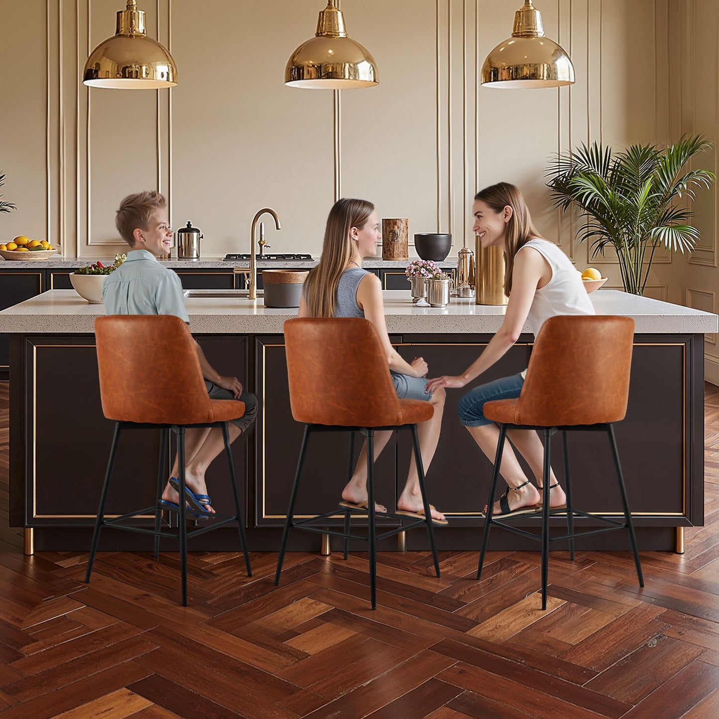 Bar Stool Set of 3, 27 inch Counter Height Swivel Stools, Modern PU Leather Counter Barstool with Backrest and Metal Legs, Armless Bar Chair, Island Barstool for Kitchen, Dining Room, Brown