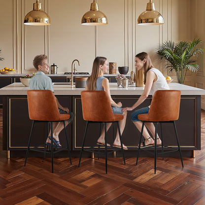 Bar Stool Set of 3, 27 inch Counter Height Swivel Stools, Modern PU Leather Counter Barstool with Backrest and Metal Legs, Armless Bar Chair, Island Barstool for Kitchen, Dining Room, Brown