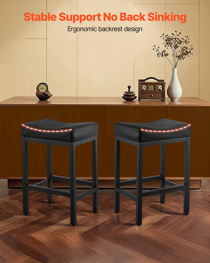 Bar Stool Set of 2, PU Leather Counter Height Stools, 25 inch Barstool with Saddle-Seat and Metal Legs, Easy Assembly Backless Bar Chair, Island Barstools for Kitchen, Dining Room, Cafe, Black