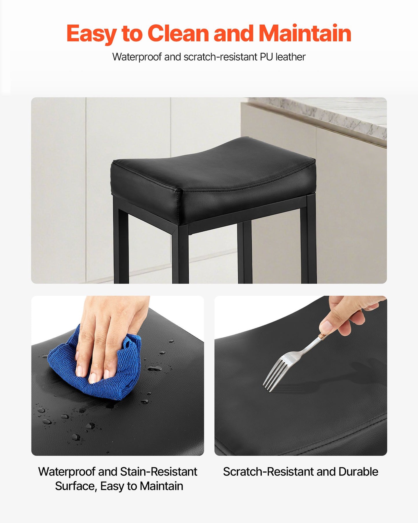 Bar Stool Set of 2, PU Leather Counter Height Stools, 25 inch Barstool with Saddle-Seat and Metal Legs, Easy Assembly Backless Bar Chair, Island Barstools for Kitchen, Dining Room, Cafe, Black