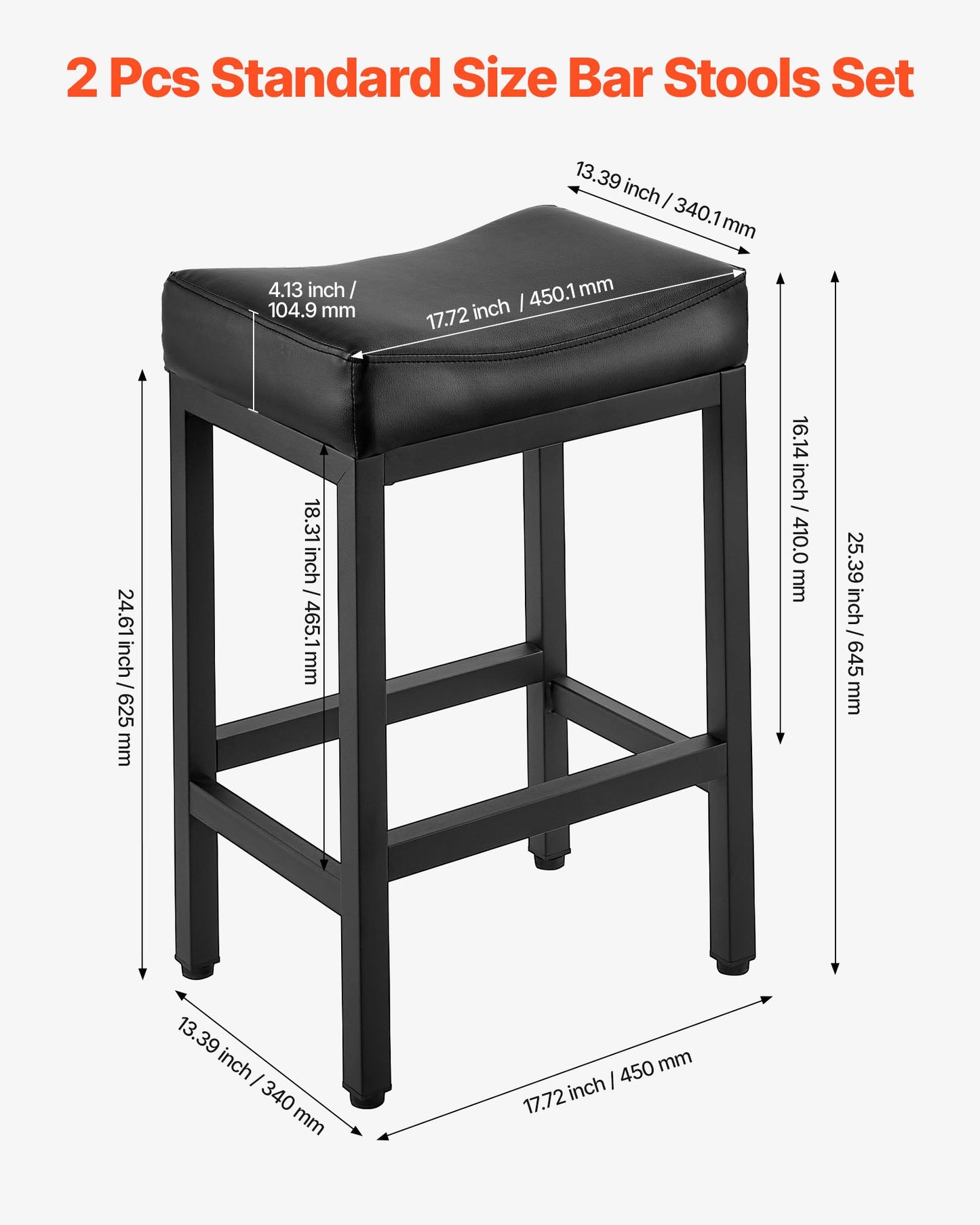 Bar Stool Set of 2, PU Leather Counter Height Stools, 25 inch Barstool with Saddle-Seat and Metal Legs, Easy Assembly Backless Bar Chair, Island Barstools for Kitchen, Dining Room, Cafe, Black