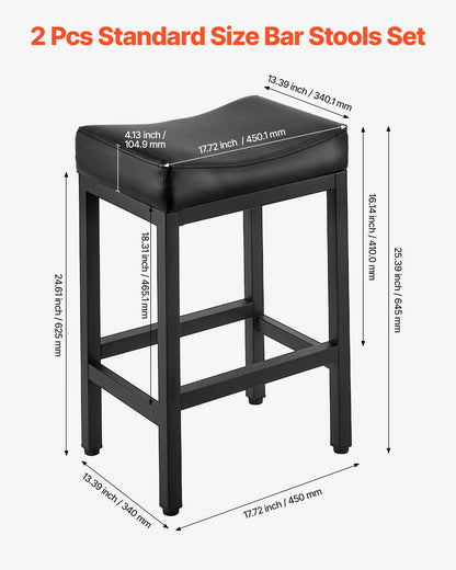 Bar Stool Set of 2, PU Leather Counter Height Stools, 25 inch Barstool with Saddle-Seat and Metal Legs, Easy Assembly Backless Bar Chair, Island Barstools for Kitchen, Dining Room, Cafe, Black