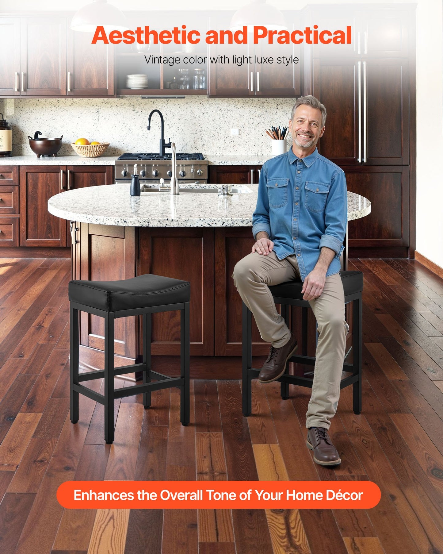 Bar Stool Set of 2, PU Leather Counter Height Stools, 25 inch Barstool with Saddle-Seat and Metal Legs, Easy Assembly Backless Bar Chair, Island Barstools for Kitchen, Dining Room, Cafe, Black