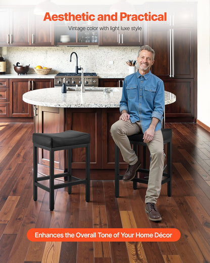 Bar Stool Set of 2, PU Leather Counter Height Stools, 25 inch Barstool with Saddle-Seat and Metal Legs, Easy Assembly Backless Bar Chair, Island Barstools for Kitchen, Dining Room, Cafe, Black