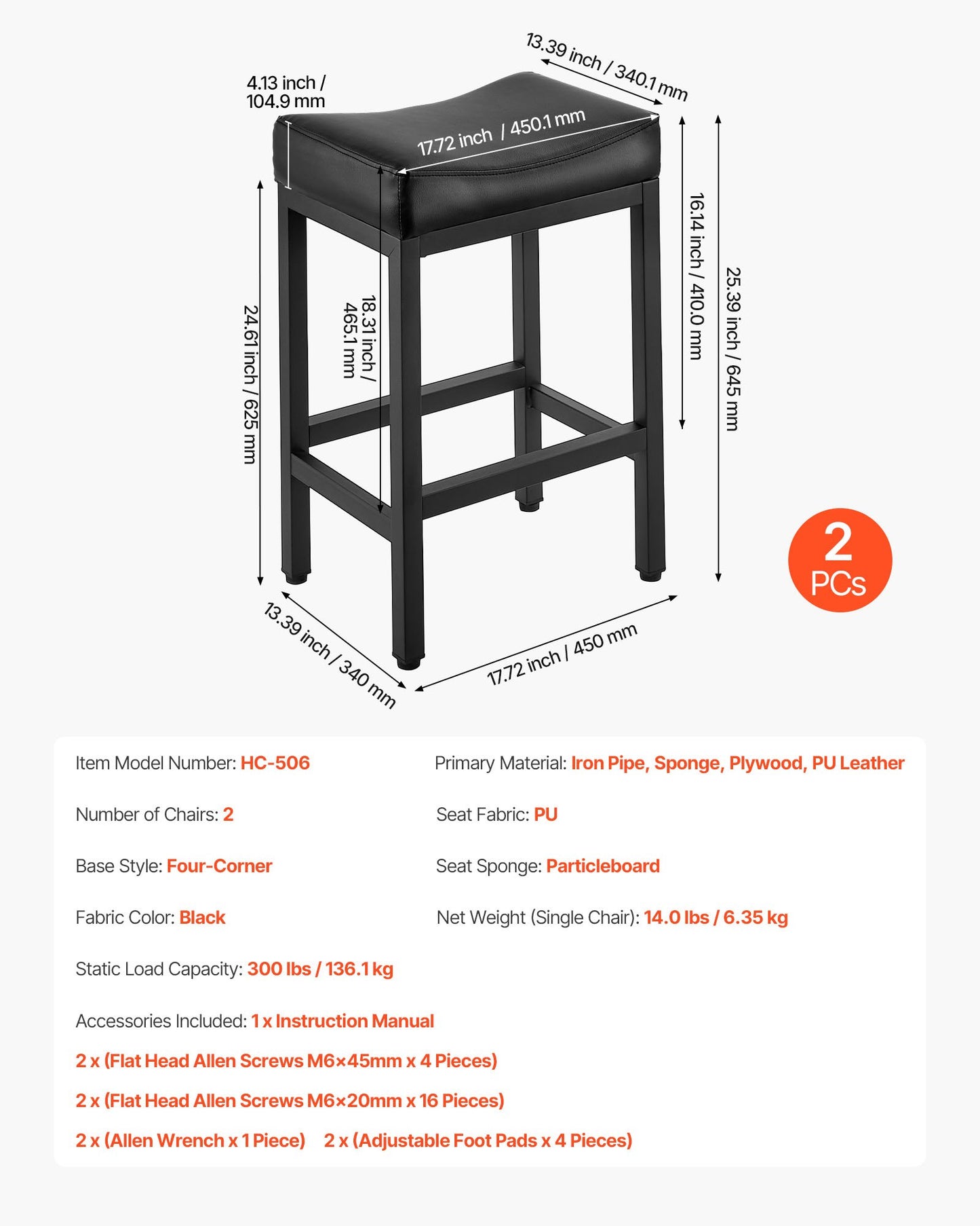 Bar Stool Set of 2, PU Leather Counter Height Stools, 25 inch Barstool with Saddle-Seat and Metal Legs, Easy Assembly Backless Bar Chair, Island Barstools for Kitchen, Dining Room, Cafe, Black