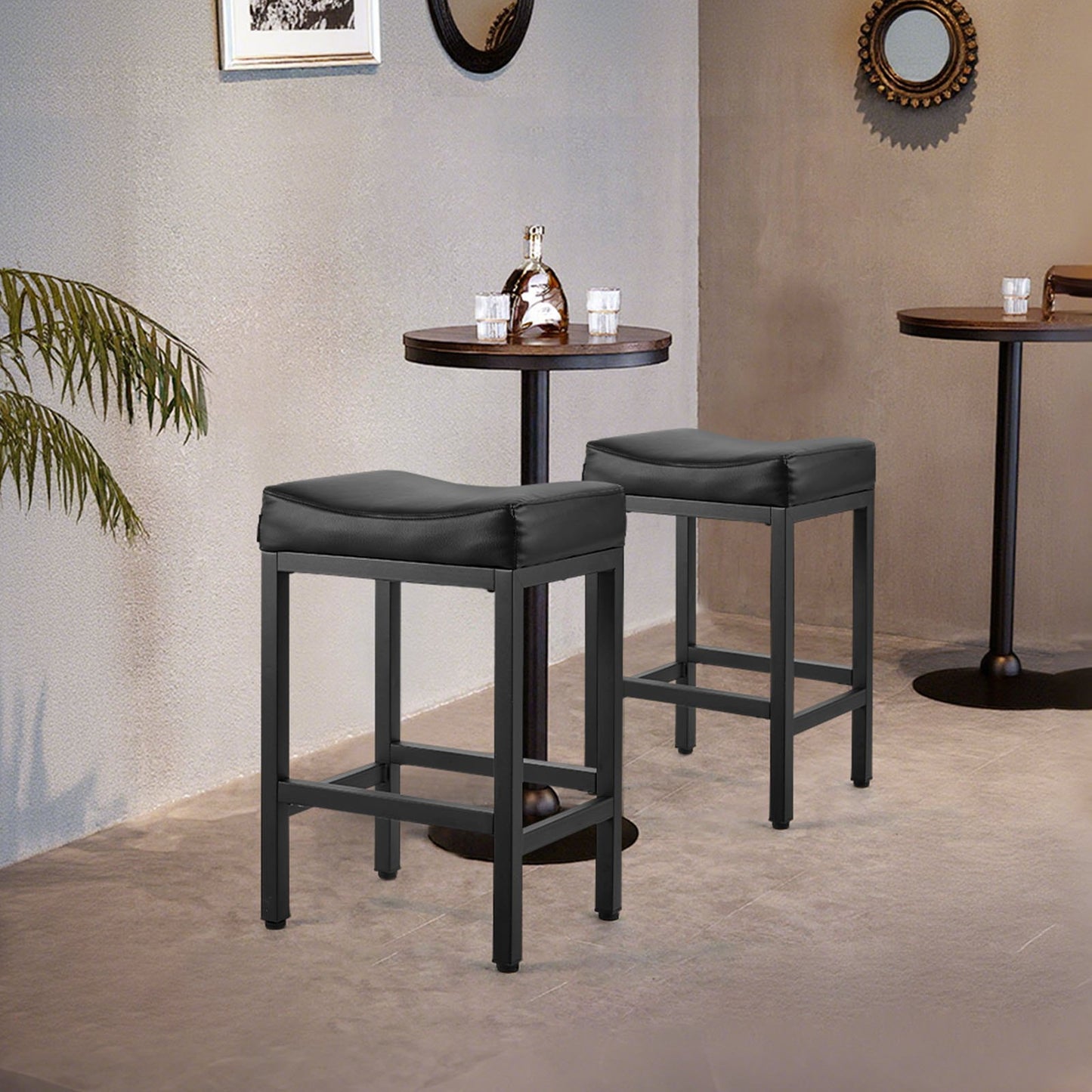 Bar Stool Set of 2, PU Leather Counter Height Stools, 25 inch Barstool with Saddle-Seat and Metal Legs, Easy Assembly Backless Bar Chair, Island Barstools for Kitchen, Dining Room, Cafe, Black