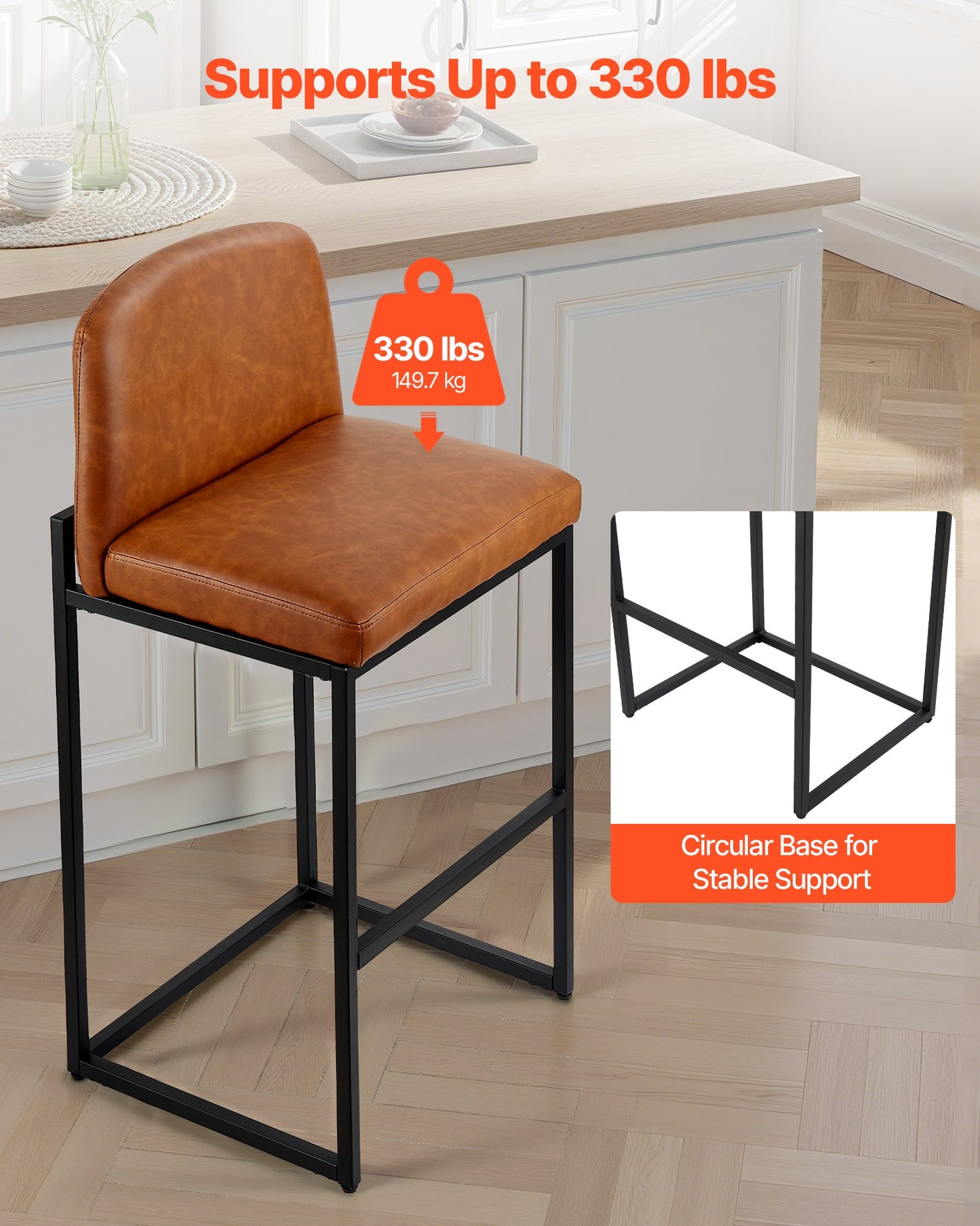Bar Stool Set of 4, 27 inch Counter Height Stools, Modern PU Leather Counter Barstool with Backrest, Metal Legs, Easy Assembly Armless Bar Chair, Island Barstool for Kitchen, Dining Room, Brown