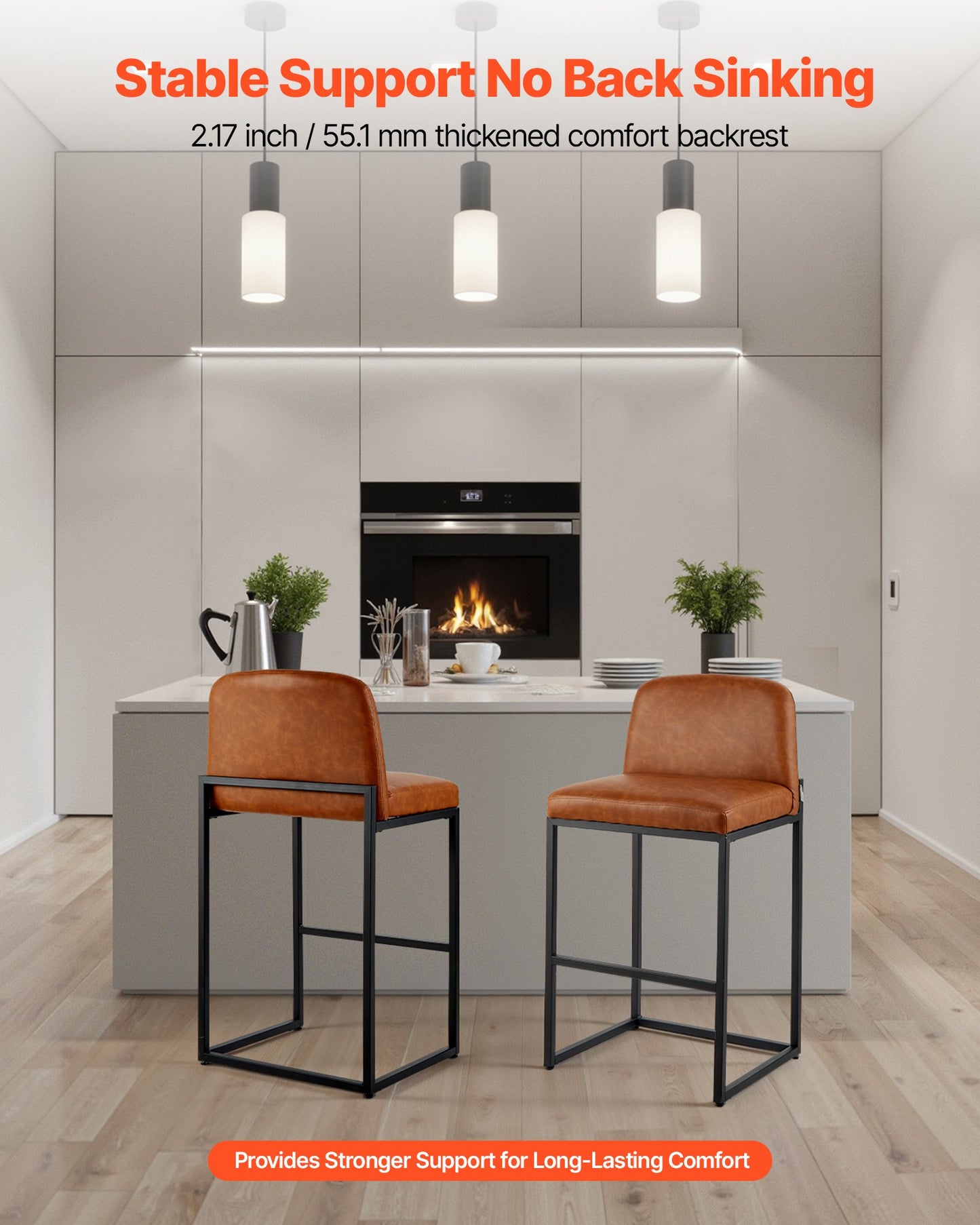 Bar Stool Set of 4, 27 inch Counter Height Stools, Modern PU Leather Counter Barstool with Backrest, Metal Legs, Easy Assembly Armless Bar Chair, Island Barstool for Kitchen, Dining Room, Brown